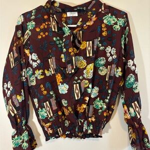 Fairycore Spring Sheer Floral V Neck cottagecore Bow Top crepe sleeves Medium